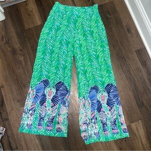 Lilly Pulitzer 100% Silk Palm Leaf Elephant Wide Leg Palazzo Pants
